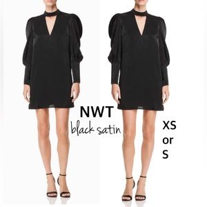 NWT XS or S Aqua black satin keyhole collar deep V cocktail mini velvet balloon